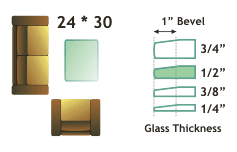 24" * 30", 3/8 " thick, clear glass rectangle with 1" beveled edge